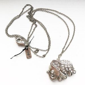 Silver & rhinestone long elephant pendant necklace